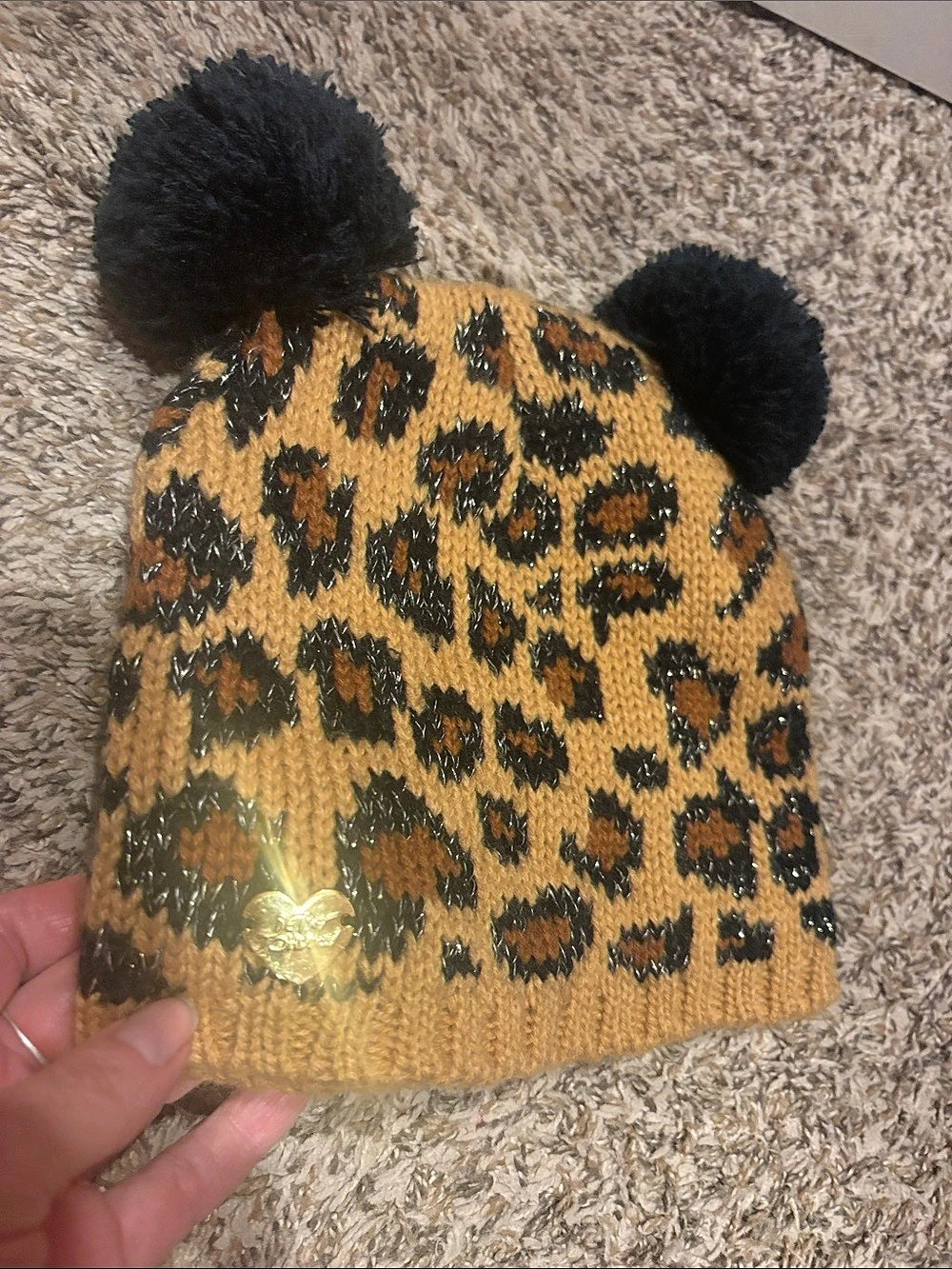 Betsey Johnson Leopard Print Double Pom Beanie Brown & Black